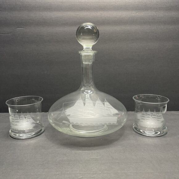 Glass Decanter & 2 Rocks Glasses w/Etched Sailing Ship Frosted White Nautical - Picture 1 of 8